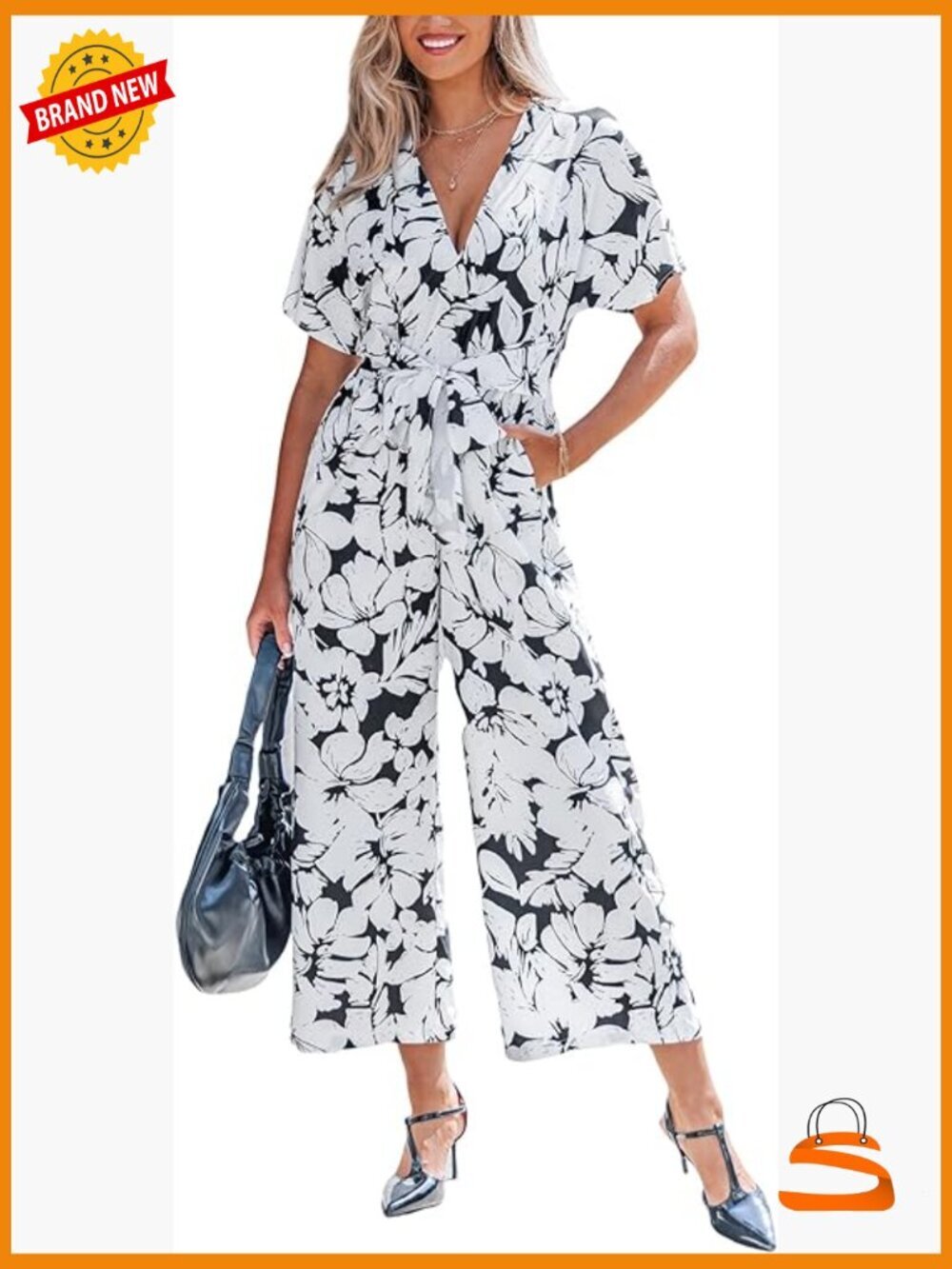 Womens Floral V Neck Wide Leg Romper Tie Knot High Waist Summer